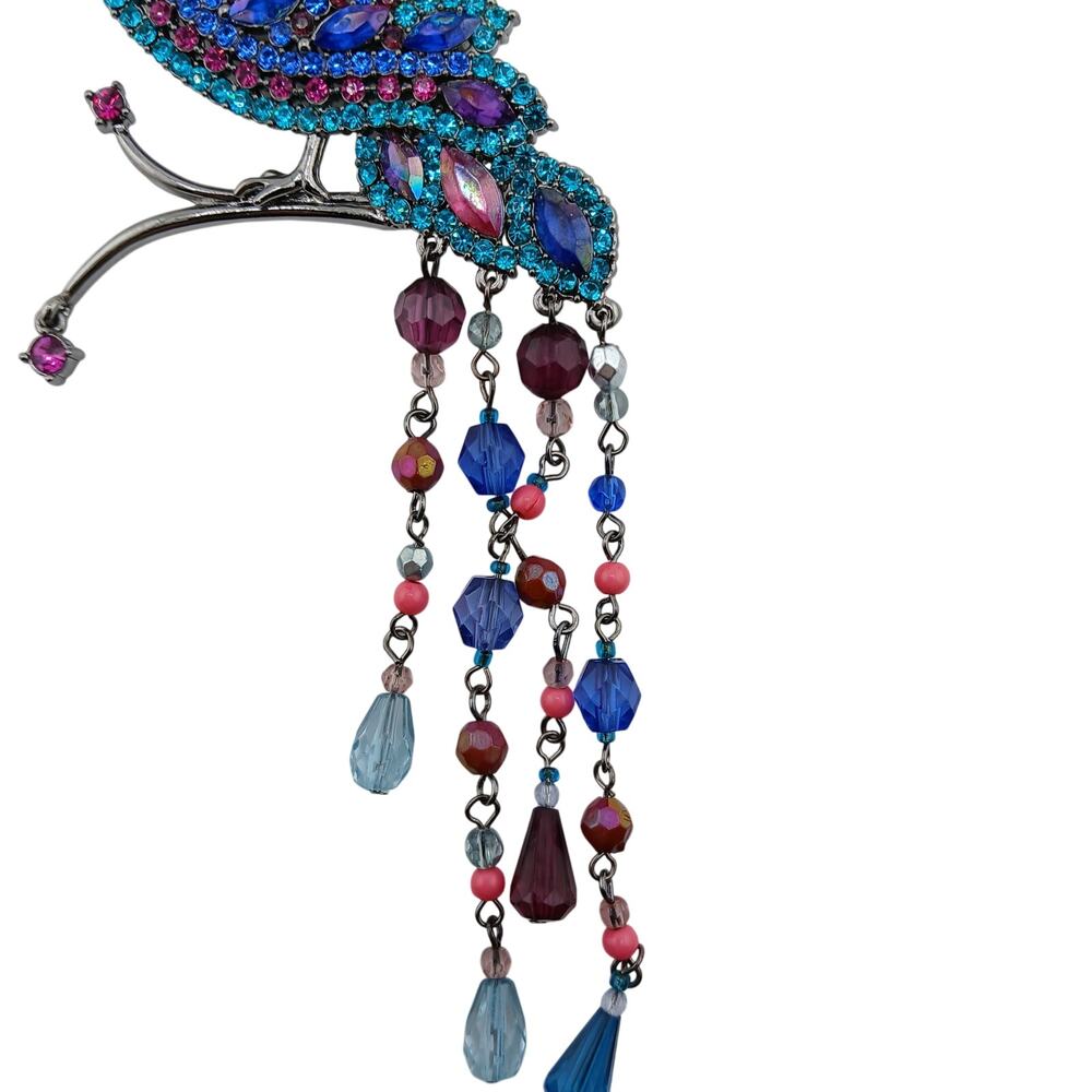 Avon Silvertone Peacock Rhinestone And Beaded Dangle Brooch Timeless Elegant - Picture 3 of 6